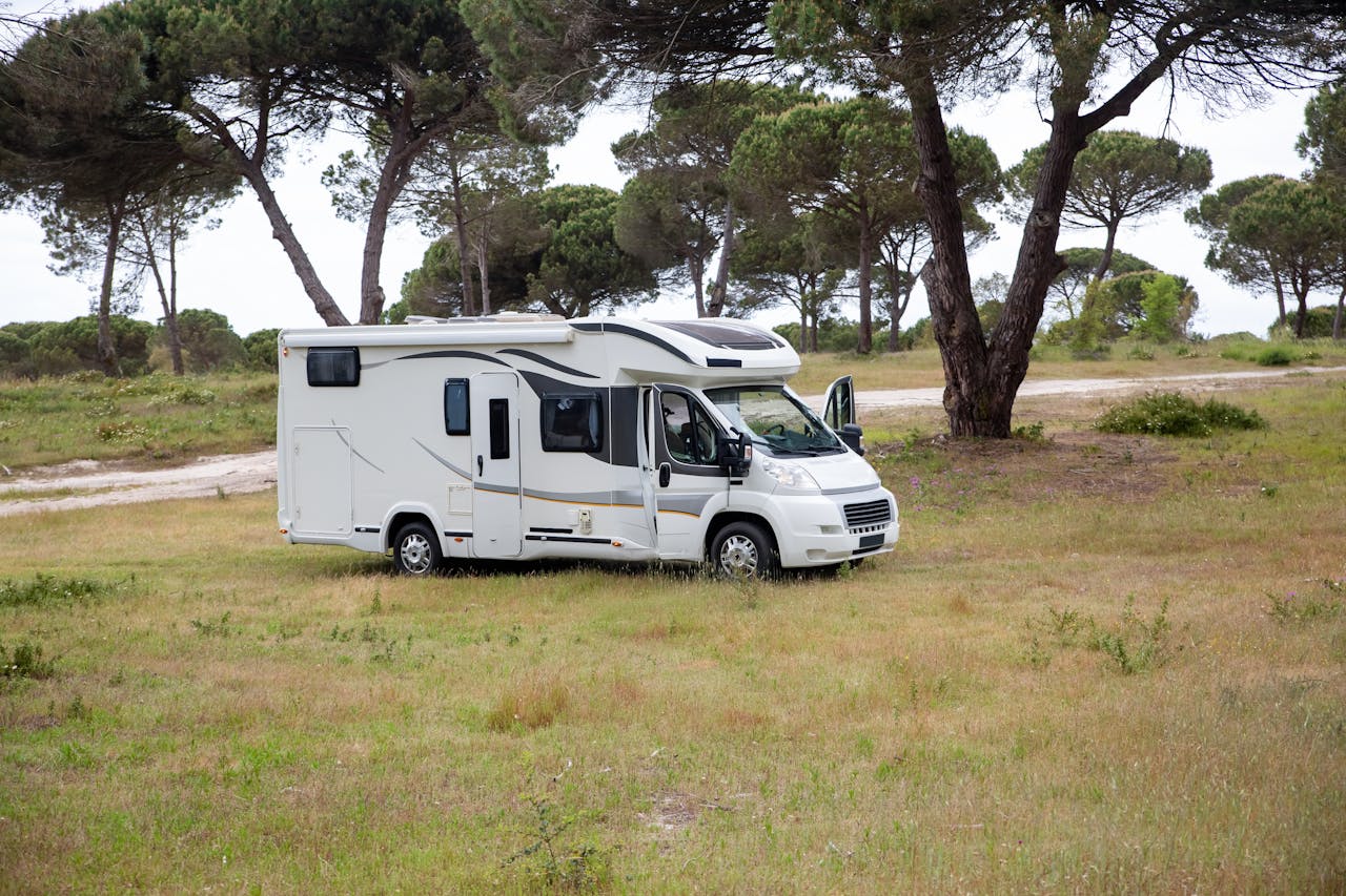 services-01 Captivating shot of a campervan amidst a serene field in Portugal, surrounded by trees.